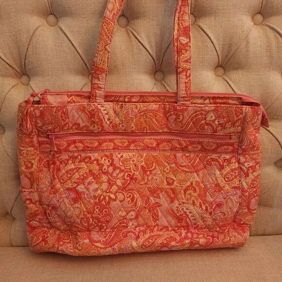 Vera Bradley XL Sherbert Orange Pink Paisley Floral Shoulder Bag Tote Purse - Picture 1 of 5